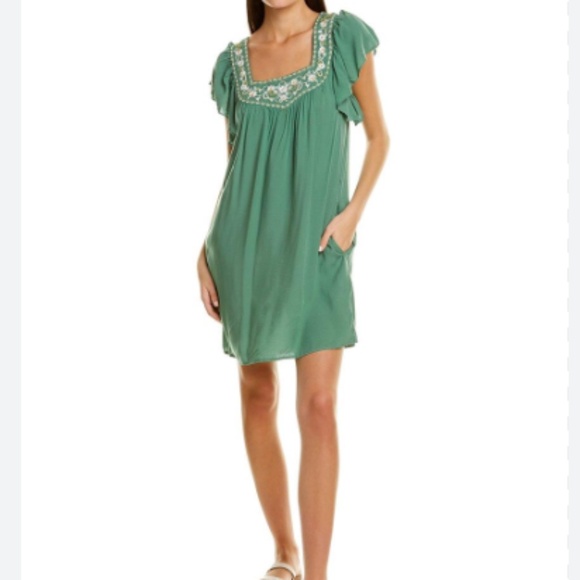 Max Studio Green Square Neck Embroidered Flutter Sleeve Mini Dress Sz XS - Picture 1 of 15